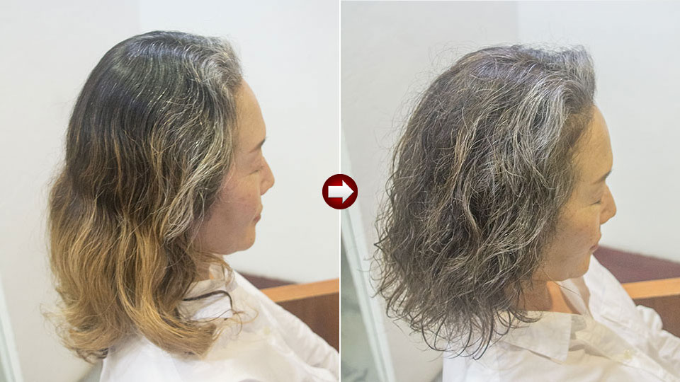 50代女性のロングレイヤーをローライトで白髪をなじませる。ビフォーアフター
