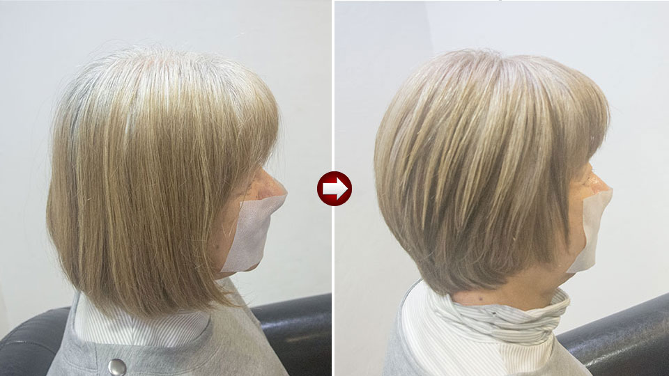 明るい白髪染めから淡い白髪染めに移行-ビフォー-アフター