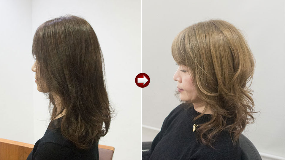 白髪ぼかしミルクティーカラー40代女性ビフォーアフター白髪５割