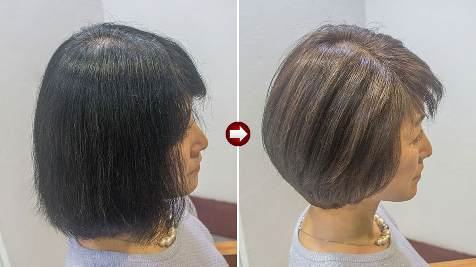 50代女性のグラデーションボブを明るい白髪ぼかしに。ビフォーアフター