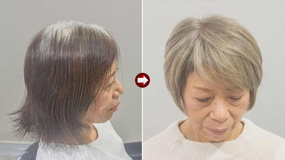 白髪の量に合わせた明るい白髪ぼかし