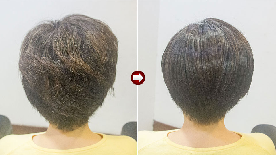 縮毛矯正のビフォーアフター（ダメージ毛のくせ毛 → 負担を抑えた仕上がり）