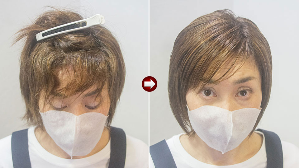 前髪の縮毛矯正ビフォーアフター（うねる前髪 → 丸みのある仕上がり）美容室yippee東京