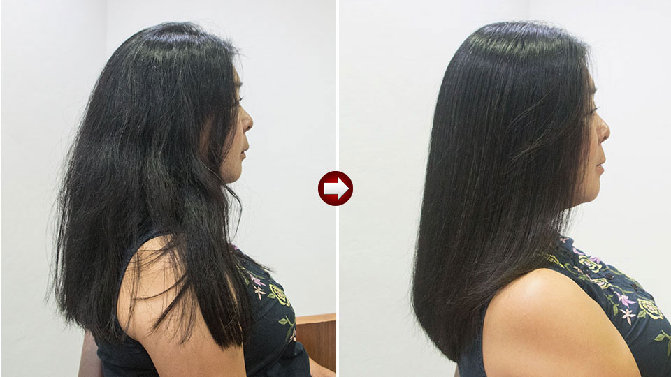 縮毛矯正のビフォーアフター（剛毛で広がるくせ毛 → 自然にまとまる仕上がり）美容室yippee東京