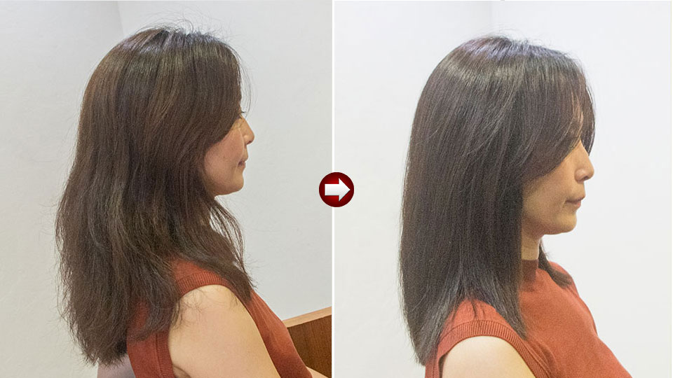 縮毛矯正のビフォーアフター（多毛で広がるくせ毛 → 自然にまとまる仕上がり）美容室yippee東京