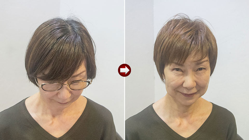 2トーン程度明るくする髪の色を明るくした60代女性ビフォーアフター画像