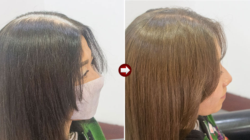 50代女性のロングを明るく染め直す。ビフォーアフター