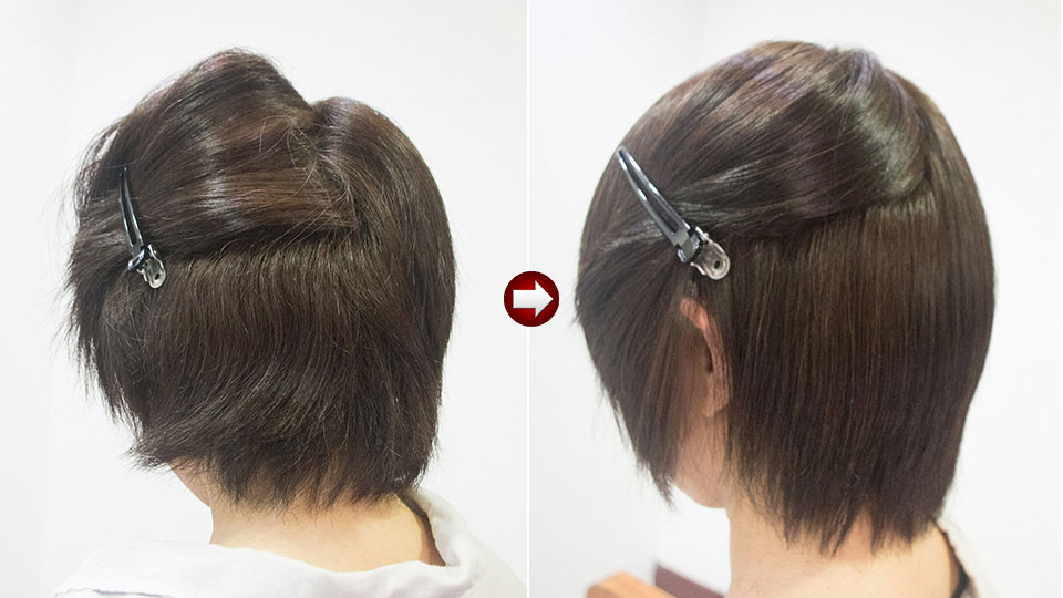 毛先がはねるボブの縮毛矯正ビフォーアフター（はねる毛先 → 丸みのあるボブ）美容室yippee東京