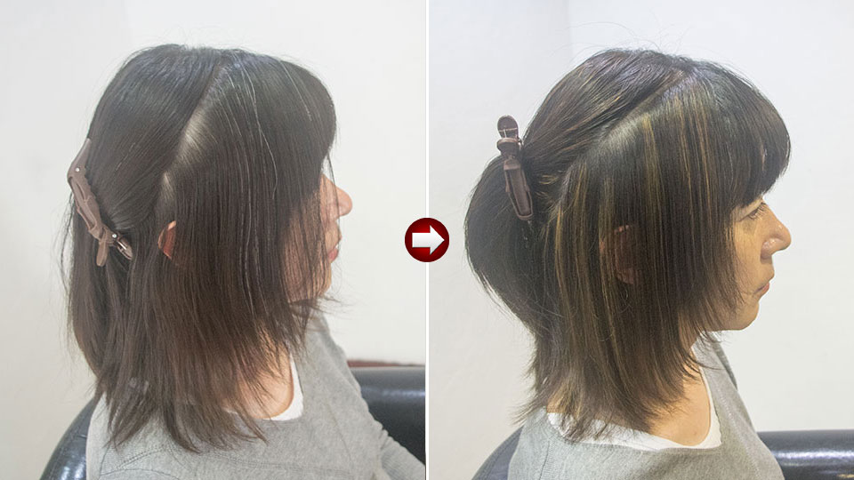50代女性の重めのレイヤーをハイライトで白髪をぼかす。ビフォーアフター