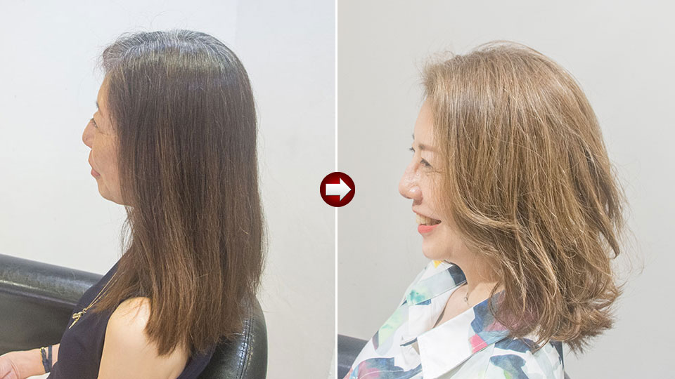 50代女性のロングヘアーを徐々に明るい白髪ぼかしに。ビフォーアフター