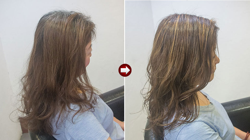 50代女性のロングウエーブを白髪ぼかしハイライト。ビフォーアフター