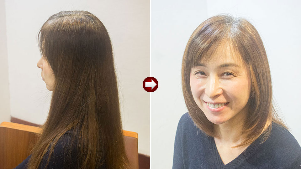 50代女性のフェースラインにレイヤーを入れたロング。明るめカラーで白髪を自然にぼかしたスタイル、ビフォーアフター