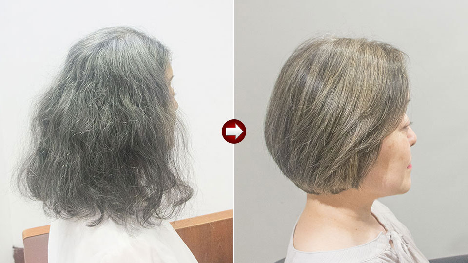 50代くせ毛のボブに白髪をぼかし馴染ませる。ビフォーアフター