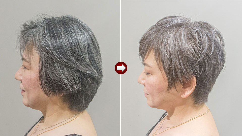 50代-髪型-白髪ぼかし-ファッションカラー-ショート-ビフォー-アフター