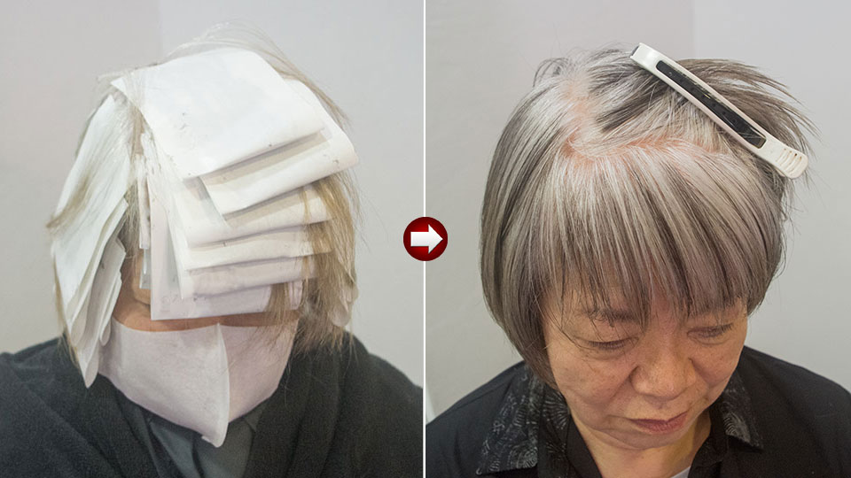 白髪にローライトを入れる様子