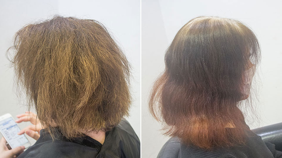 頻繁なセルフカラーで髪がボロボロの女性の画像