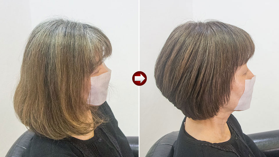 白髪ぼかしハイライトのやり過ぎで毛先が金髪になり傷んだ50代女性をトリートメントビフォーアフター画像
