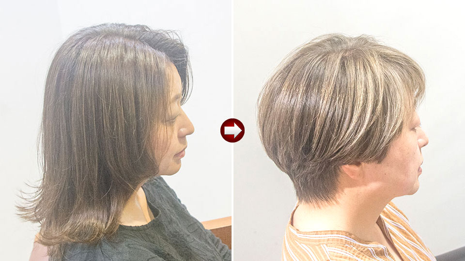 白髪ぼかしグレージュカラー60代女性ビフォーアフター白髪6割